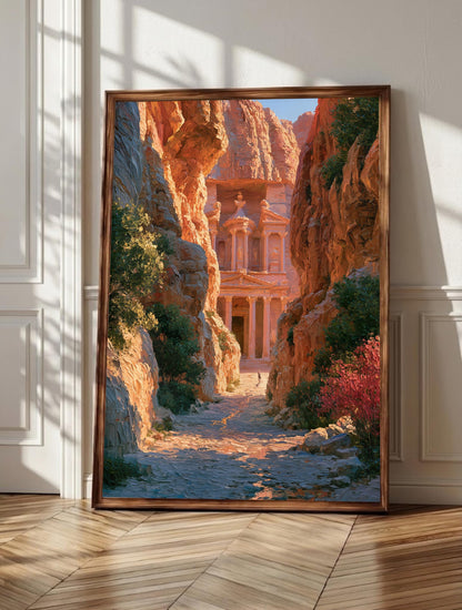 Petra wall art: the Treasury glowing at the end of the narrow Siq gorge