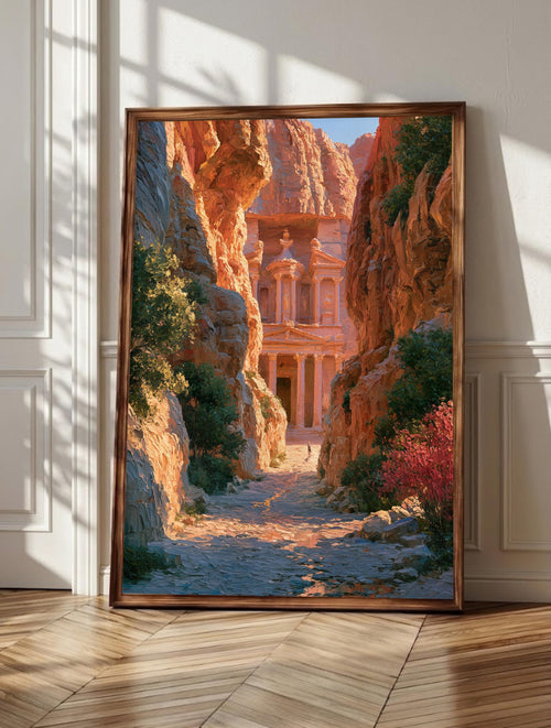 Petra wall art: the Treasury glowing at the end of the narrow Siq gorge