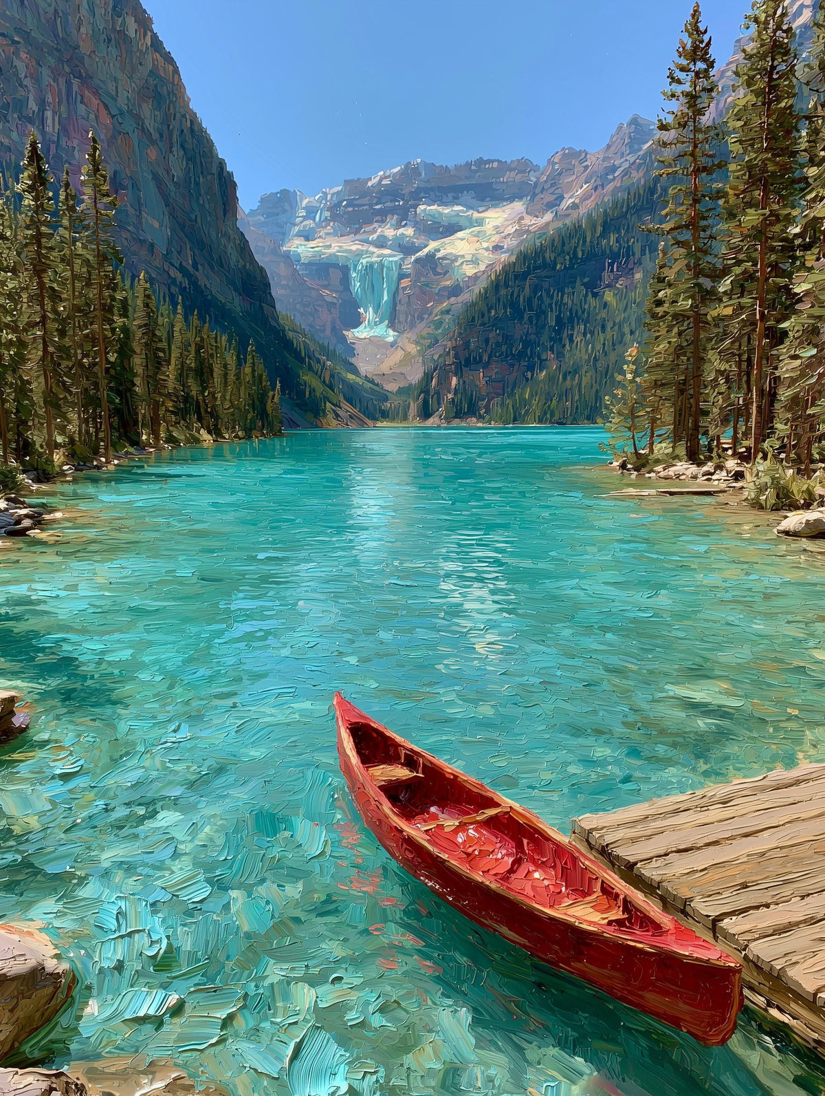 Painterly Lake Louise canvas print, the forest in deep green