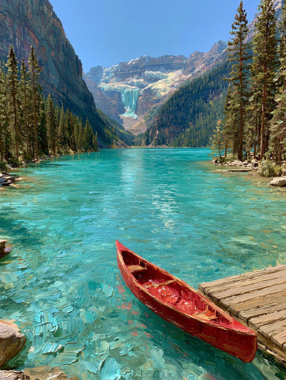Painterly Lake Louise canvas print, the forest in deep green