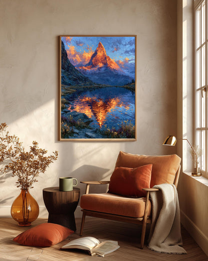 Painterly mountain sunrise in rose, snow white and deep blue, made to order