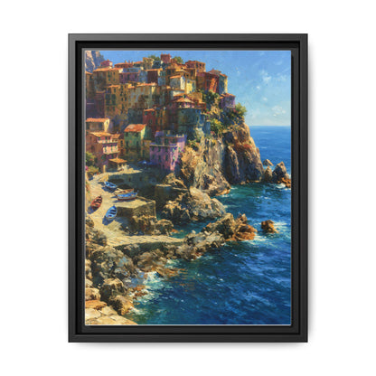 Manarola wall art framed canvas print in a black wood frame