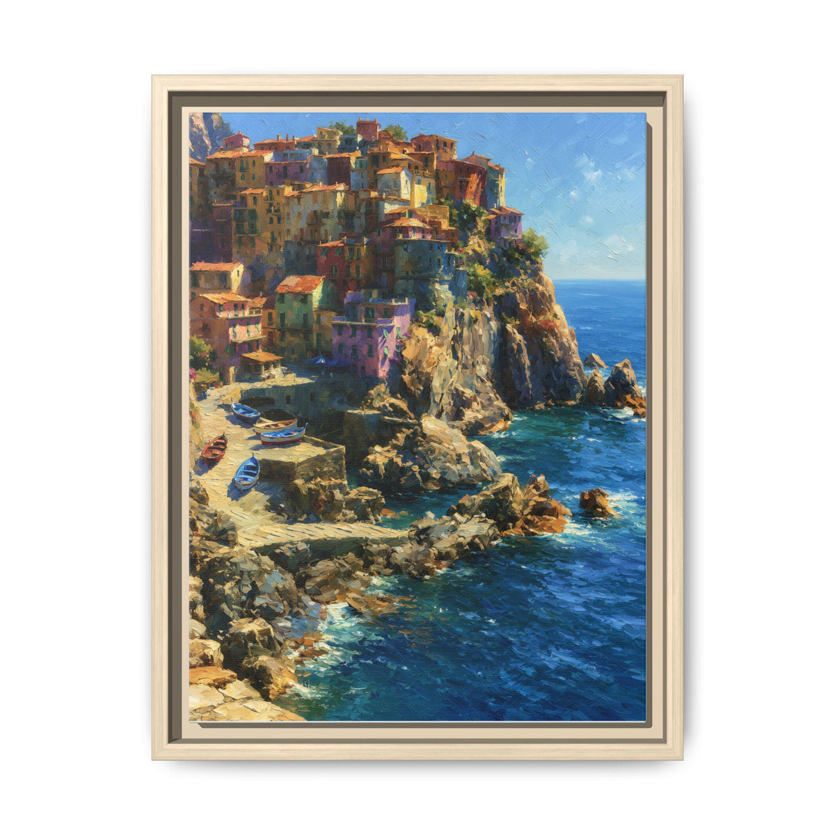 Manarola wall art framed canvas print in a natural wood frame