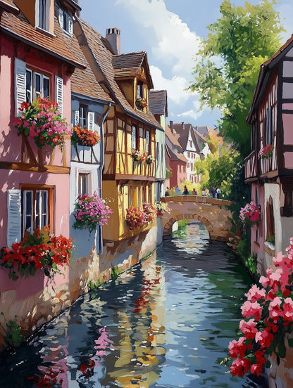 Painterly Alsace France canvas print of flower-lined canal houses in warm oils