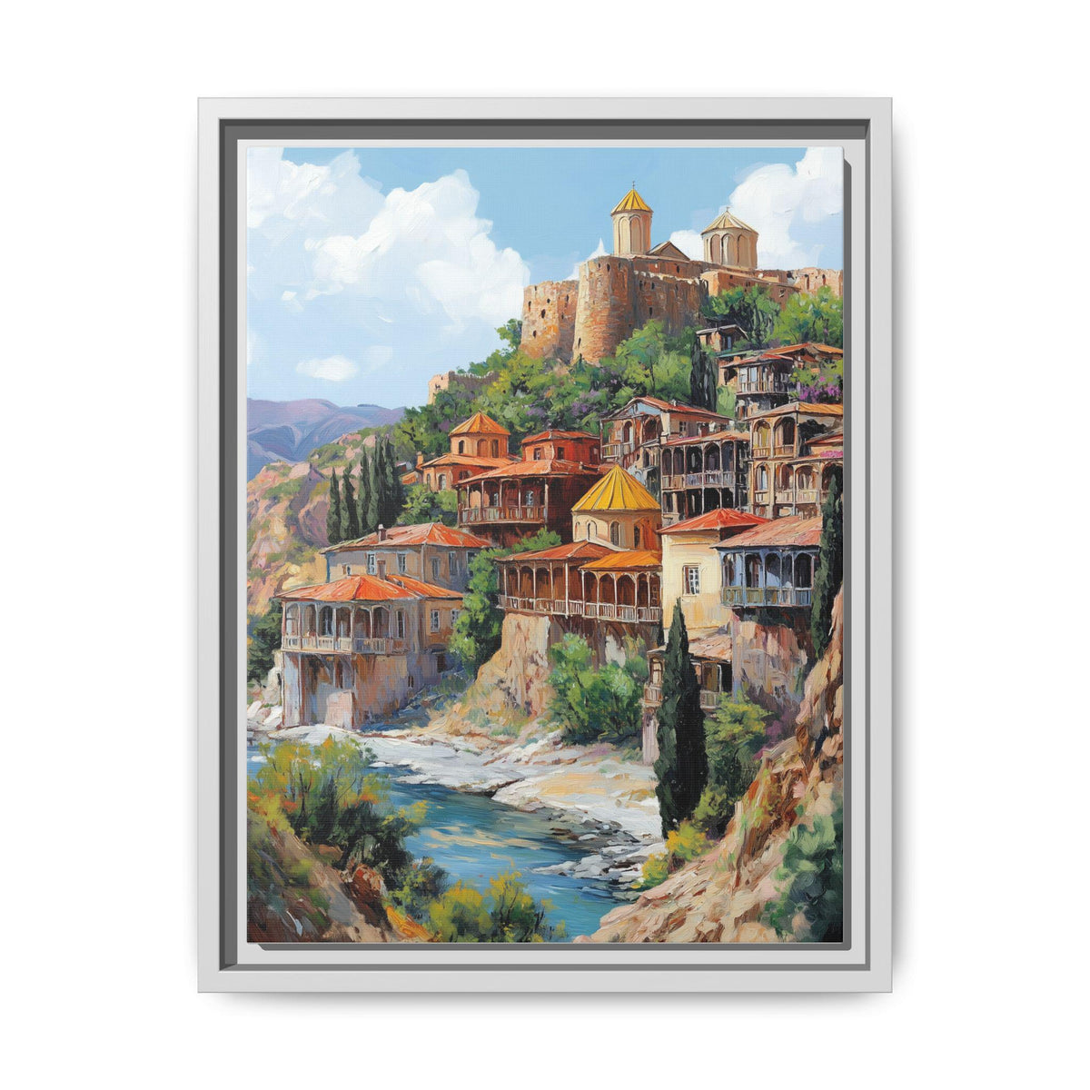 Tbilisi wall art framed canvas print in a white wood frame