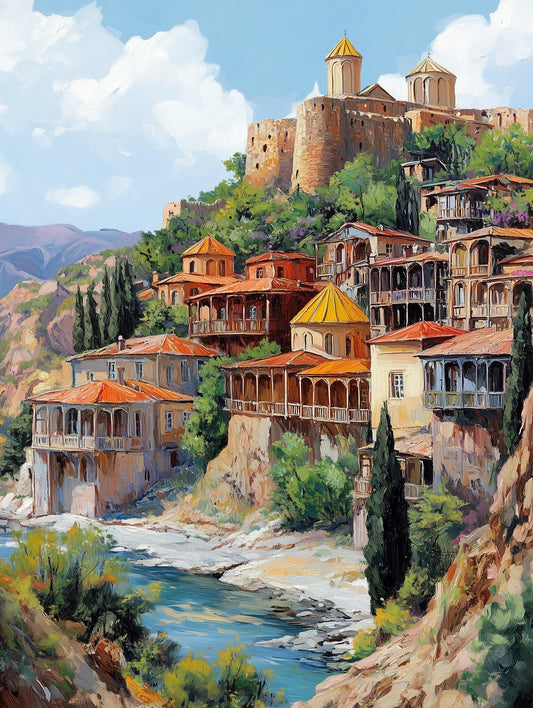 Painterly Georgia old town canvas print with hillside houses in warm ochre