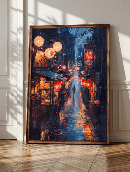 Tokyo wall art: red and white paper lanterns glowing down a narrow Shinjuku alley