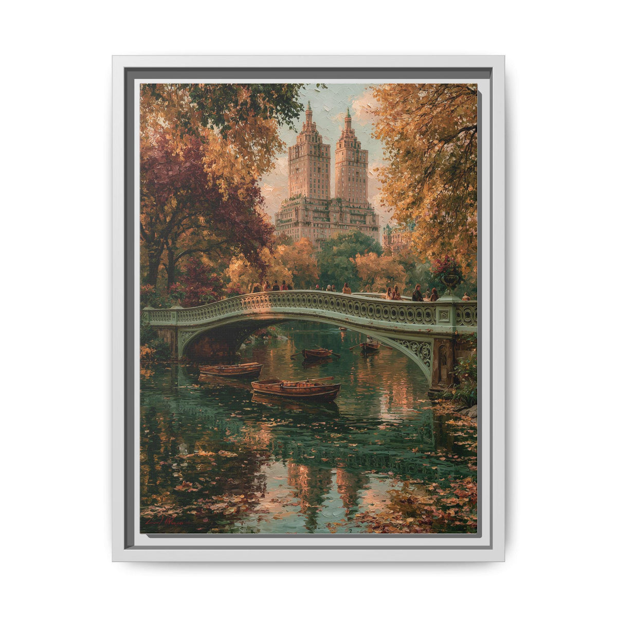 Central Park wall art framed canvas print in a white wood frame