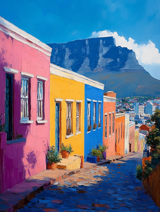 Painterly Cape Town canvas print with candy-colored facades above the city
