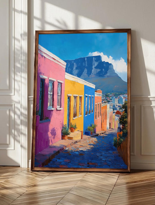 Bo-Kaap wall art: painted Cape Town houses climbing a cobbled Signal Hill street, framed canvas