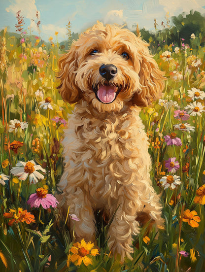 Painterly Goldendoodle canvas print set in an open sunlit field