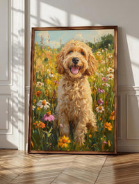 Goldendoodle wall art: a doodle caught mid-wiggle with loose curls and ears flying