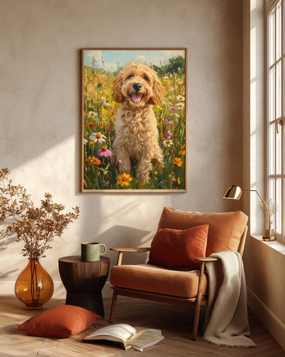 Oil-painting style dog portrait in cream and gold, made to order and ready to hang