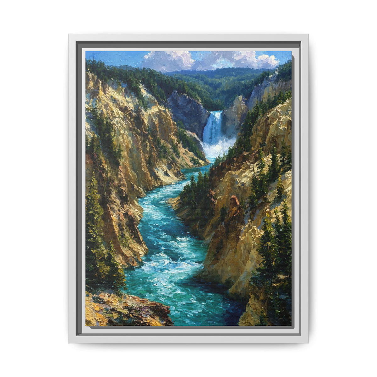 Yellowstone wall art framed canvas print in a white wood frame