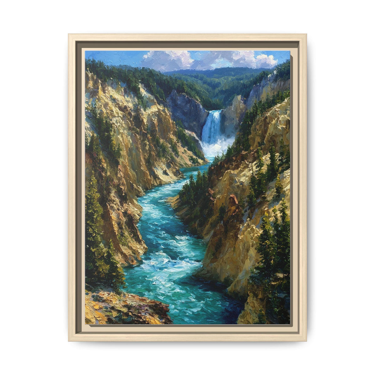 Yellowstone wall art framed canvas print in a natural wood frame