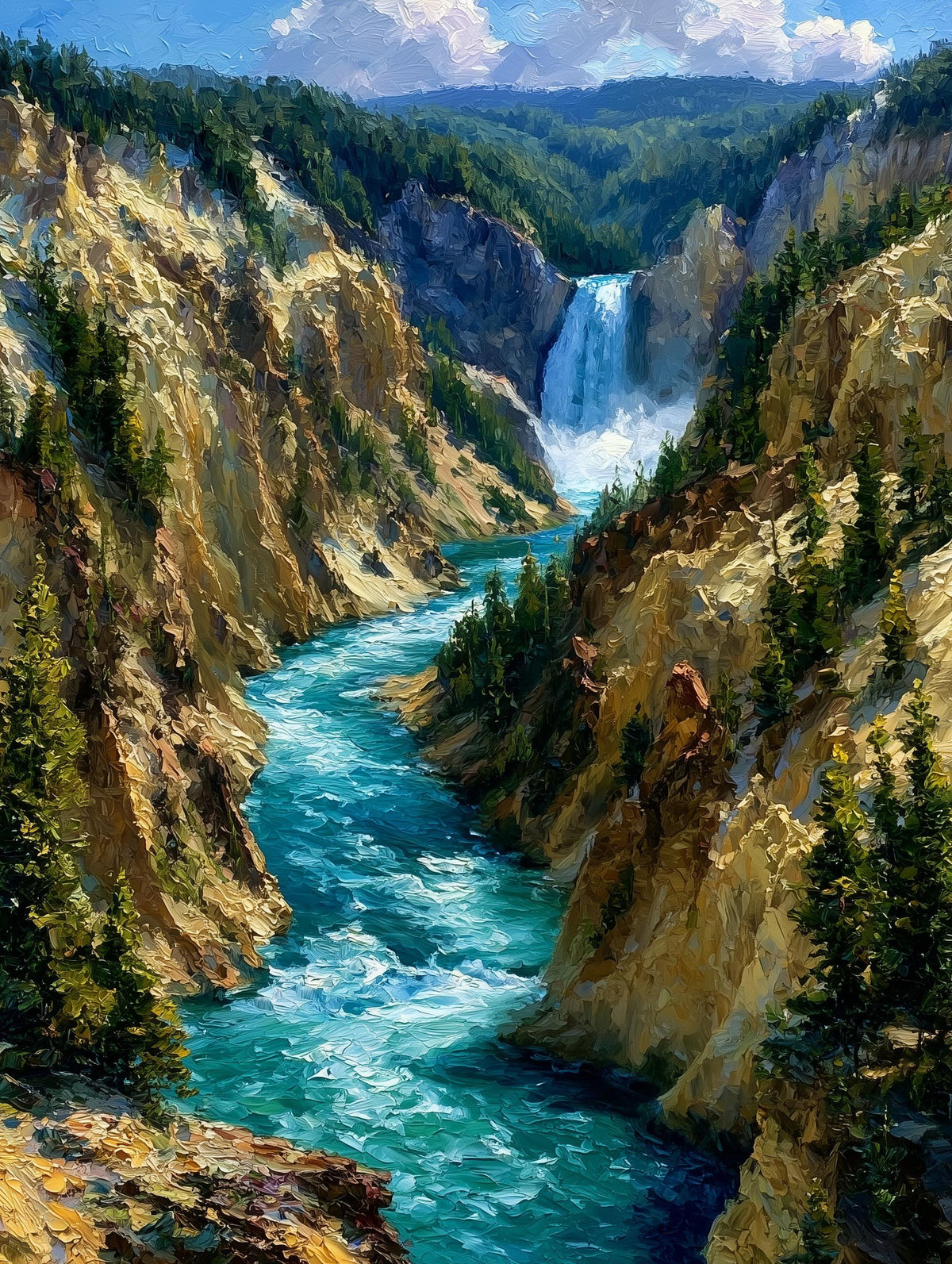 Wyoming canvas print with the waterfall built up in thick impasto oils