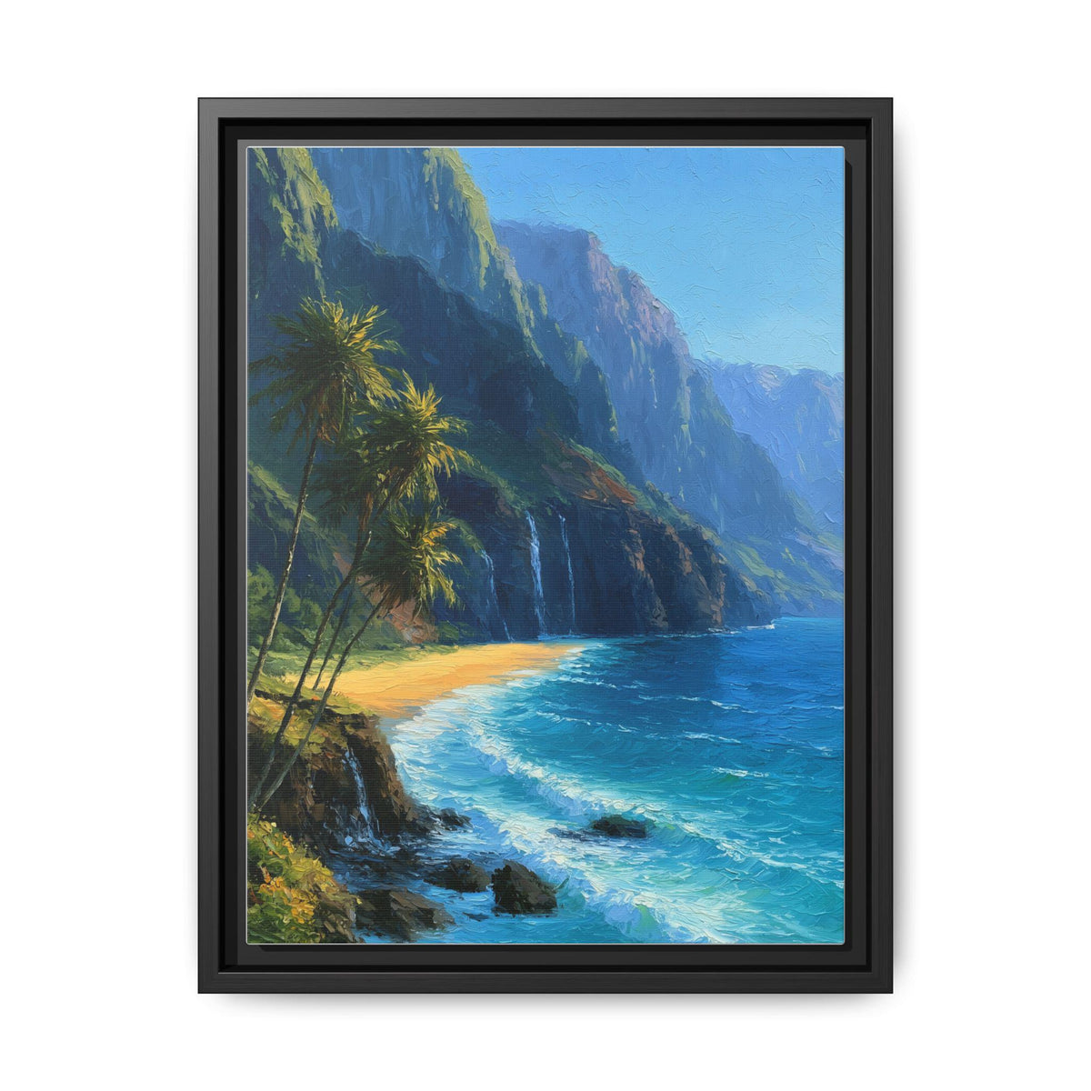 Napali Coast wall art framed canvas print in a black wood frame