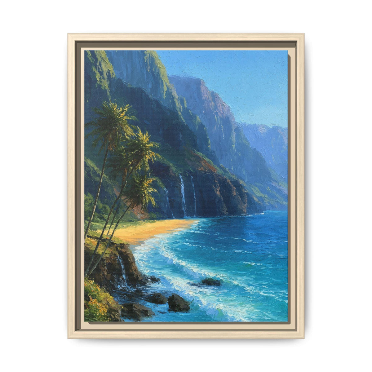 Napali Coast wall art framed canvas print in a natural wood frame