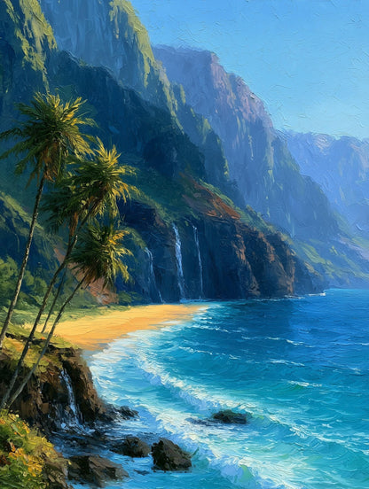 Aerial painterly view of Kauai's Napali Coast ridges above the blue Pacific on canvas