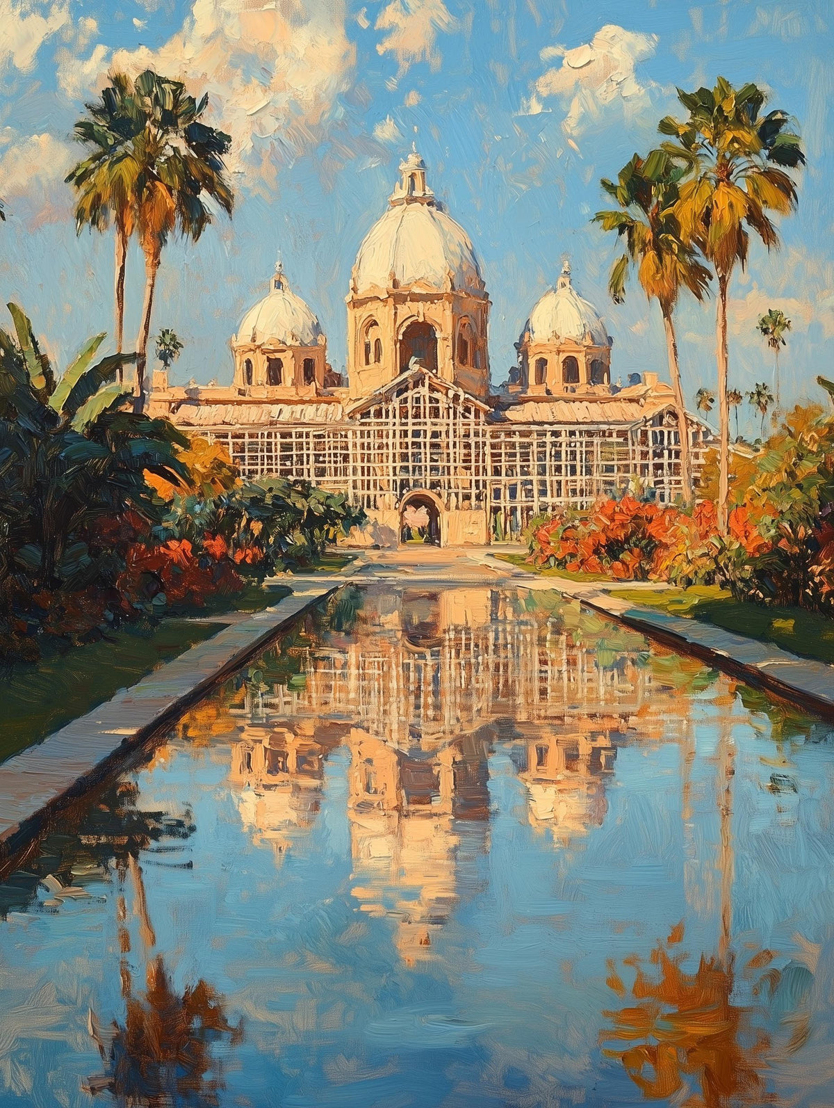 Painterly San Diego canvas print of the Botanical Building's wooden domes