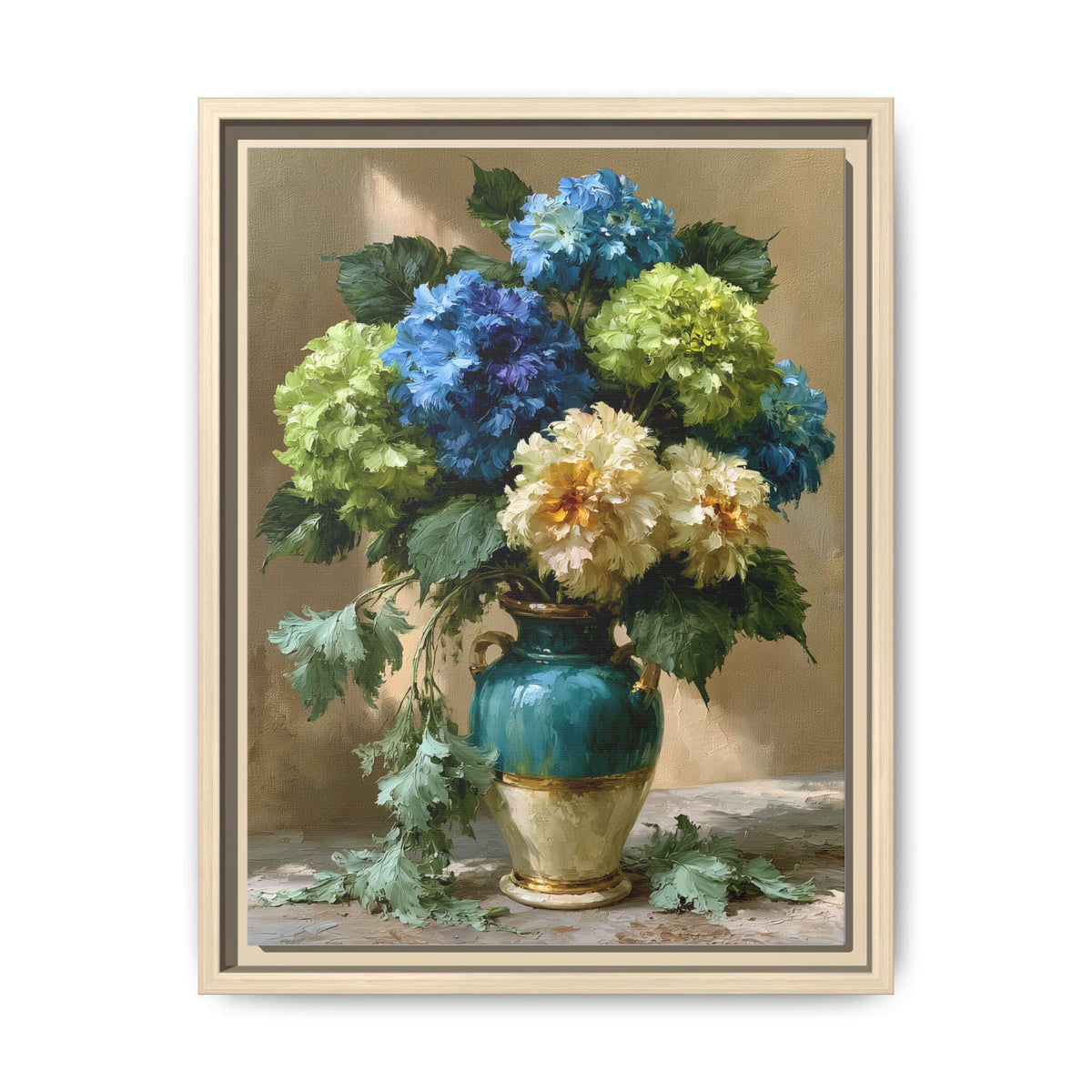 Hydrangea wall art framed canvas print in a natural wood frame