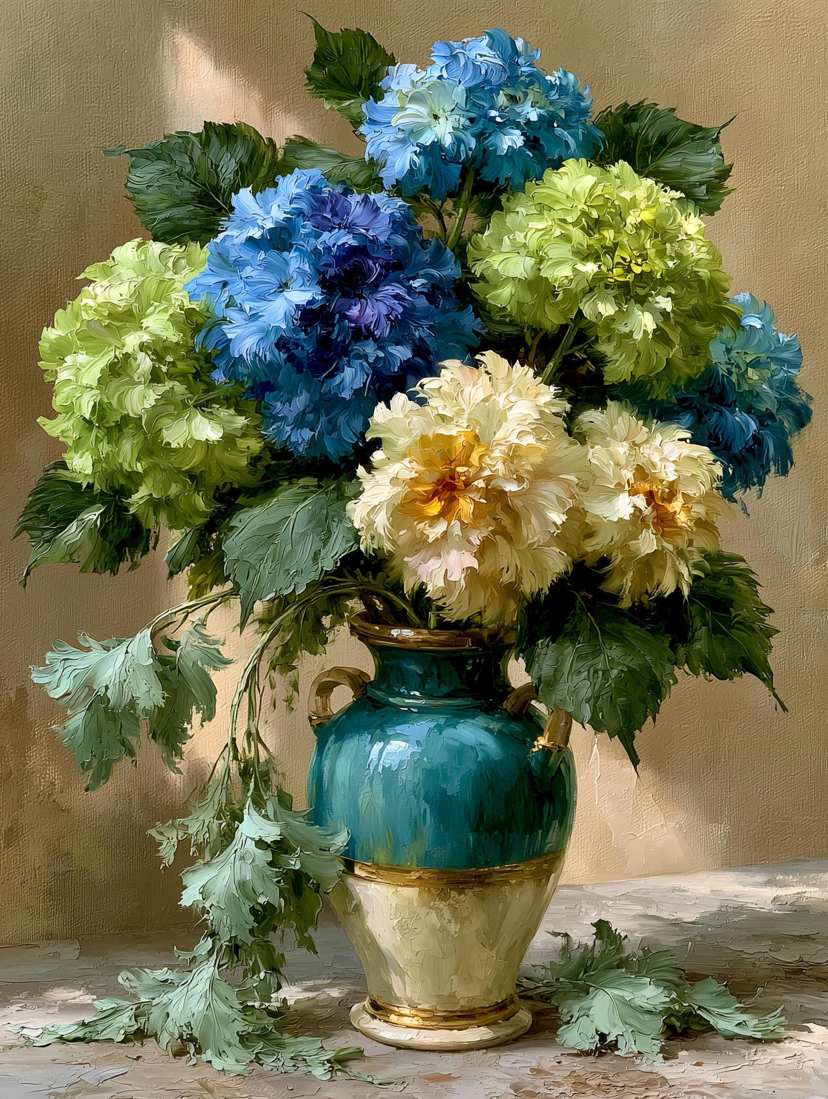 Floral still life painting of hydrangeas still heavy with water, oil-painting style