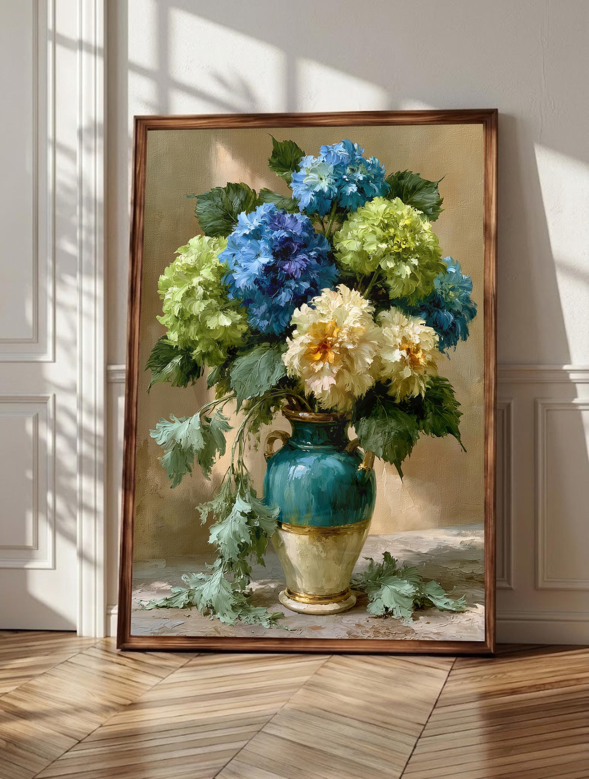 Hydrangea wall art: teal and cream blooms gathered loose in a vase, framed canvas print