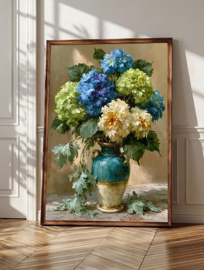 Hydrangea wall art: teal and cream blooms gathered loose in a vase, framed canvas print