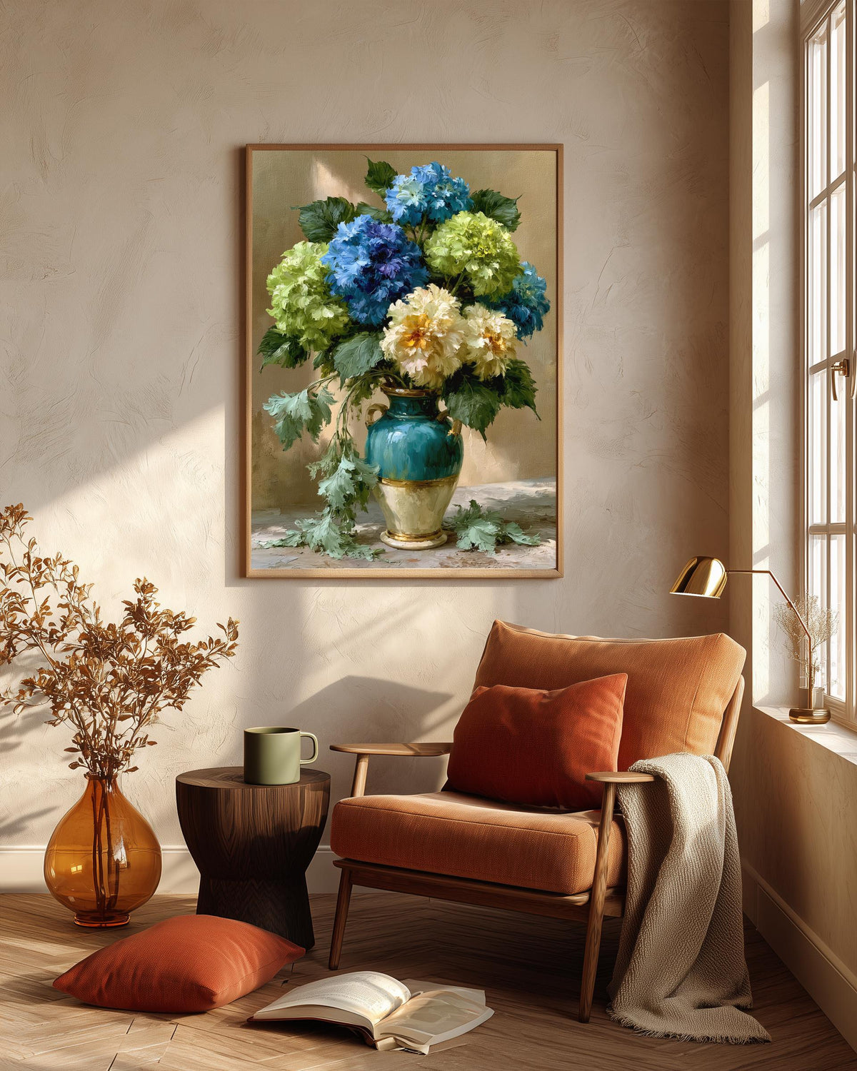 Soft painterly flower study in teal, cream and green, made to order framed canvas