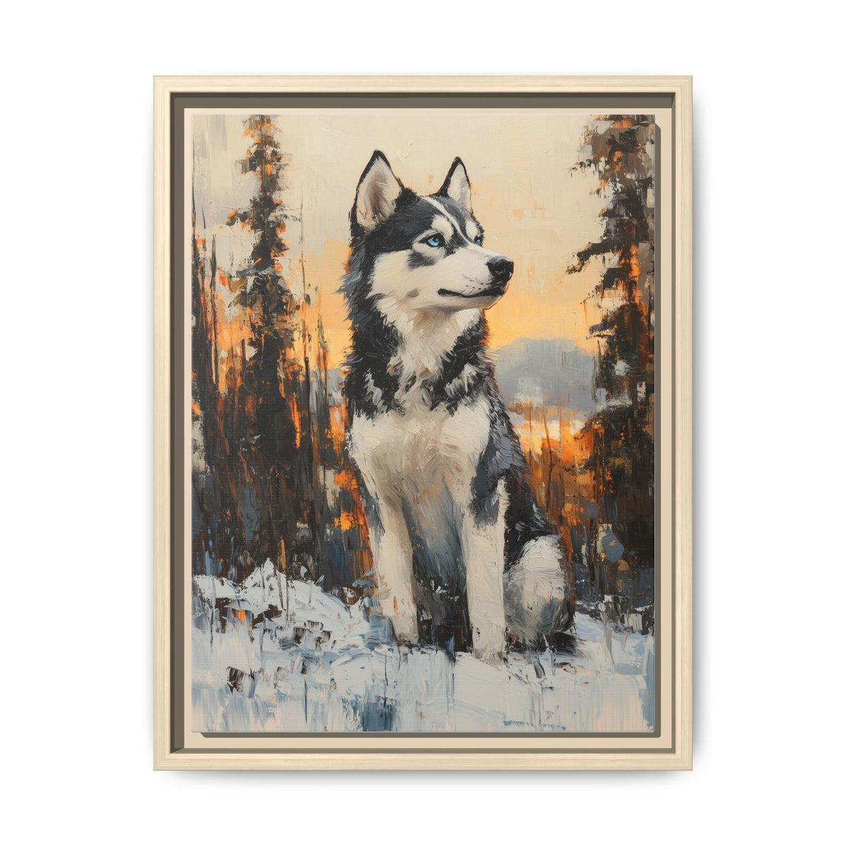 Siberian Husky wall art framed canvas print in a natural wood frame