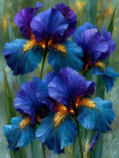 Thick expressive brushwork on indigo iris blooms in the manner of Van Gogh
