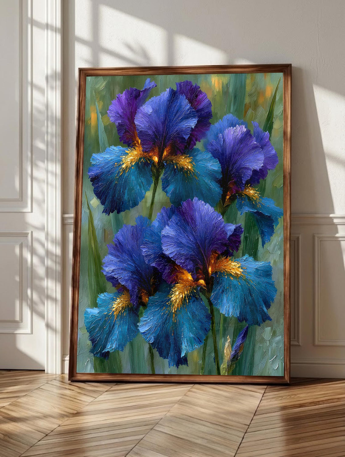 Iris wall art: deep indigo irises with golden throats, Van Gogh style framed canvas print