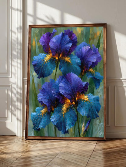 Iris wall art: deep indigo irises with golden throats, Van Gogh style framed canvas print