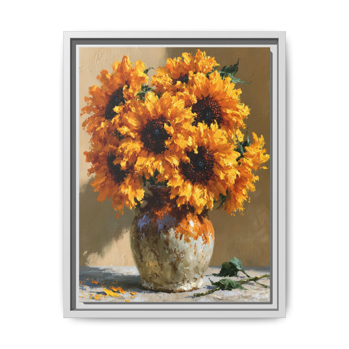 Sunflower wall art framed canvas print in a white wood frame