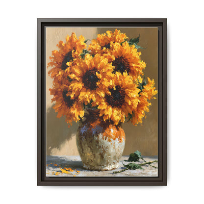 Sunflower wall art framed canvas print in an espresso wood frame