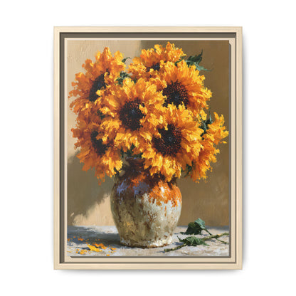 Sunflower wall art framed canvas print in a natural wood frame