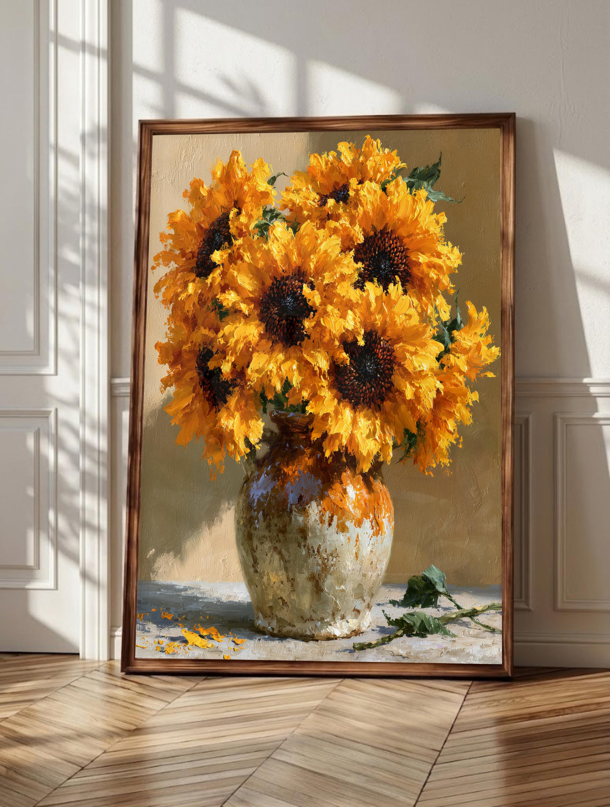 Sunflower wall art: a golden sunflower still life in thick Van Gogh style impasto