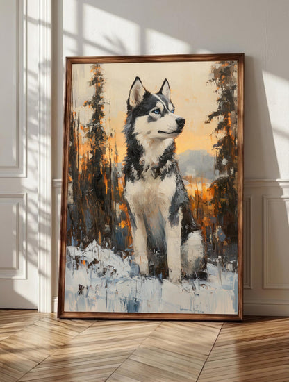 Husky wall art: the pale blue gaze of a Siberian husky, painterly framed canvas print