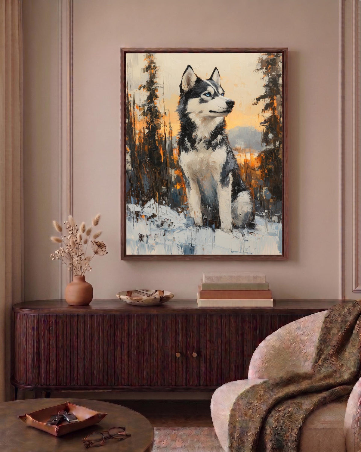 Oil-painting style husky head in silver, white and ice blue, made to order