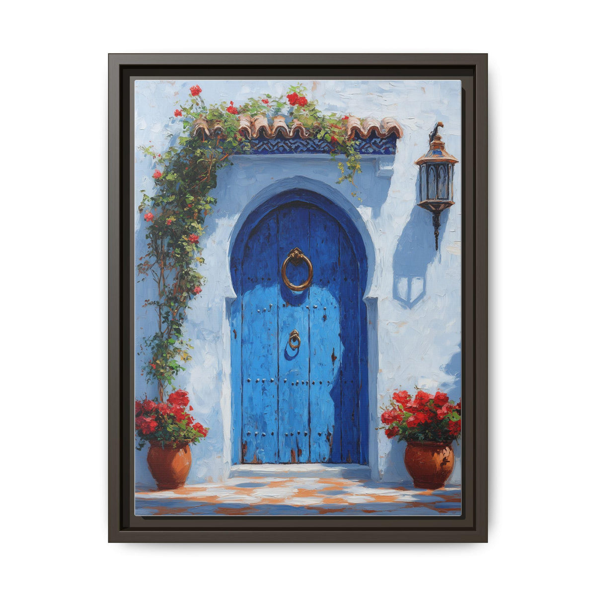 Moroccan wall art framed canvas print in an espresso wood frame