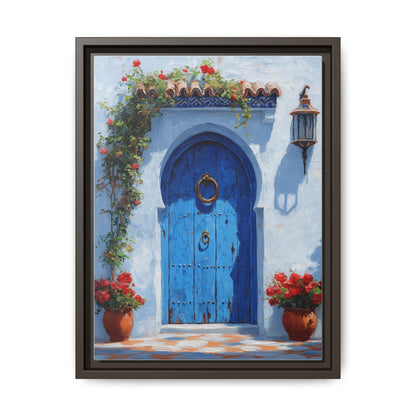 Moroccan wall art framed canvas print in an espresso wood frame