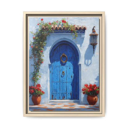 Moroccan wall art framed canvas print in a natural wood frame