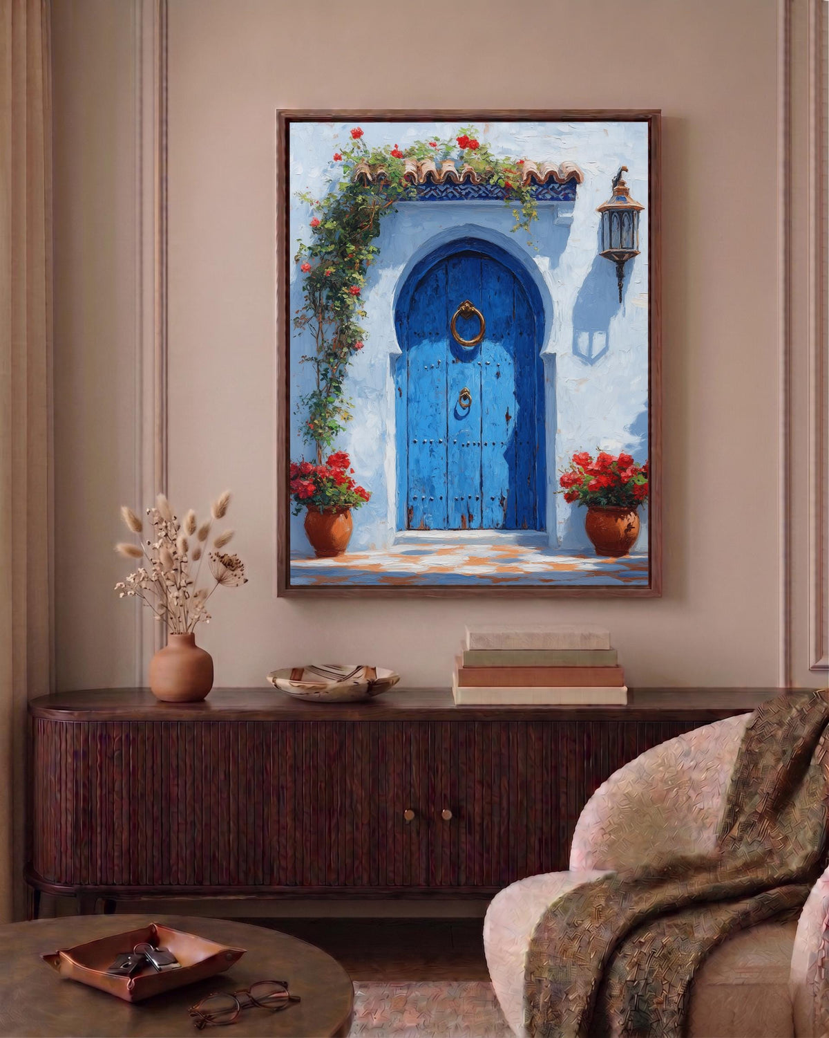 Oil-painting style arabesque architecture in deep blue, made to order framed canvas