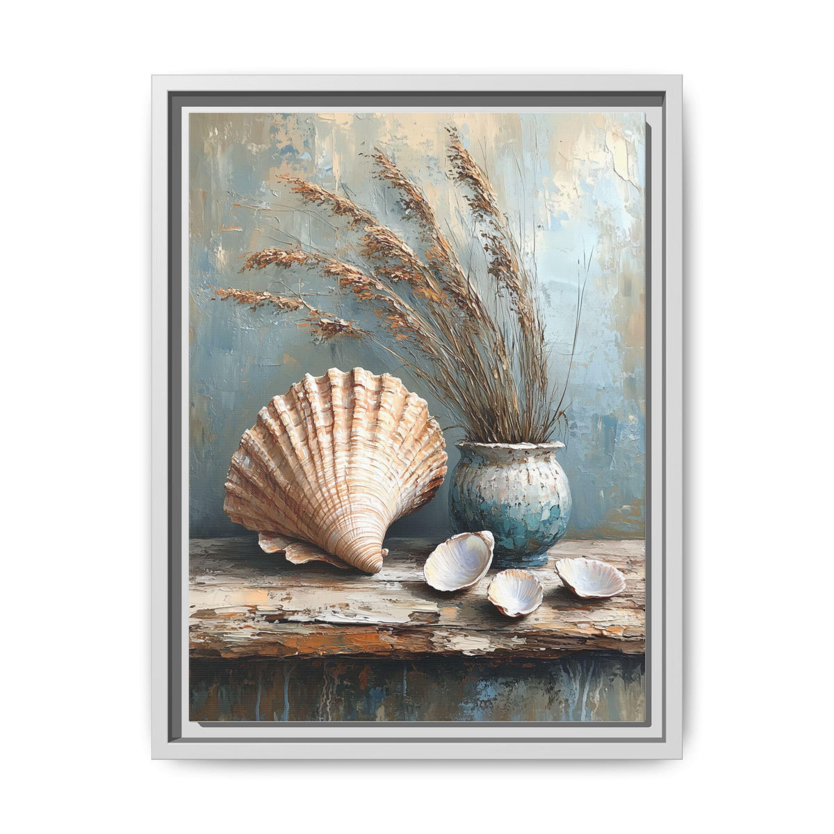 Seashell wall art framed canvas print in a white wood frame
