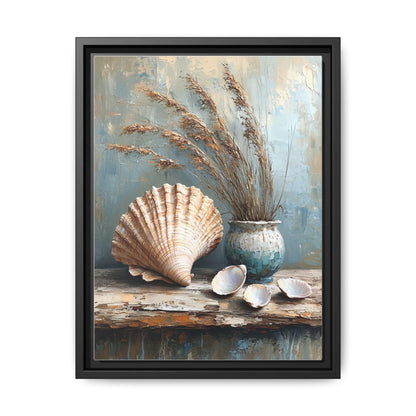 Seashell wall art framed canvas print in a black wood frame