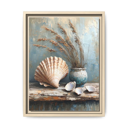 Seashell wall art framed canvas print in a natural wood frame