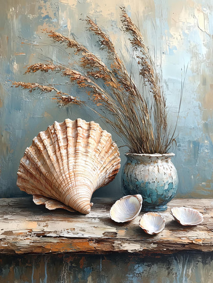 Painterly coastal still life canvas print of beachcombed shells and weathered driftwood