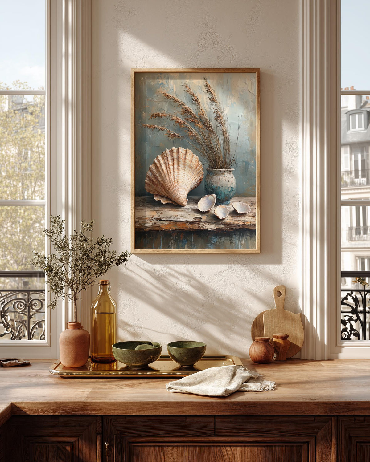 Oil-painting style shell study in soft sand tones and pale sea-glass green, made to order
