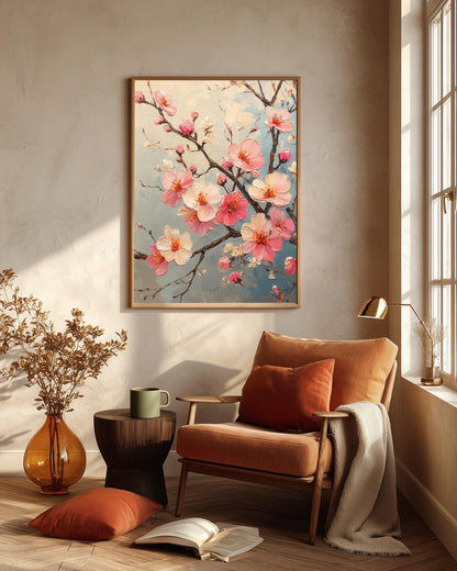 Oil-painting style cherry blossom printed on cotton canvas, made to order