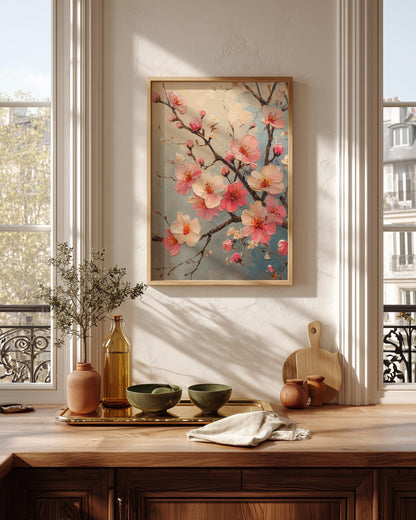 Painterly sakura canvas print in soft pink and cream alla prima strokes